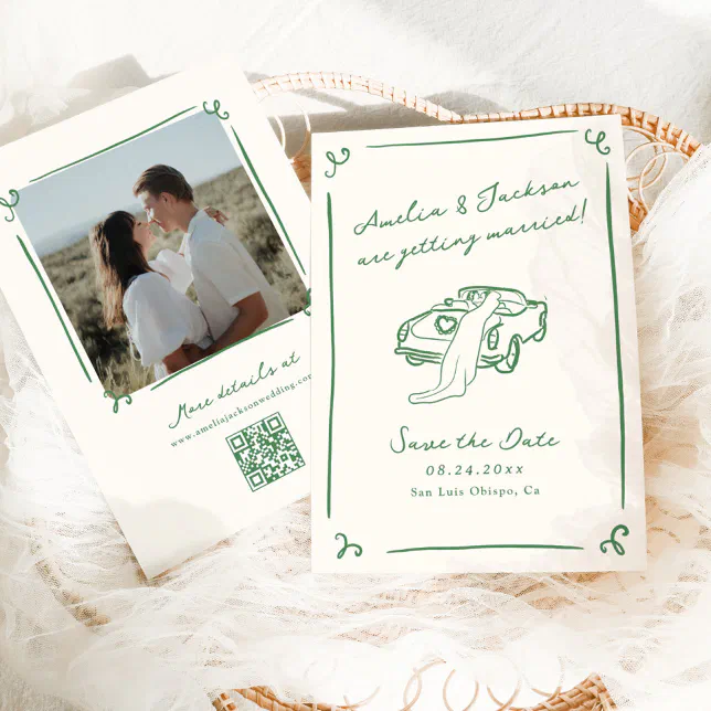 Hand Sticker Date Code Whimsical Hand Drawn Green Save the Date QR Code Invitation | Zazzle