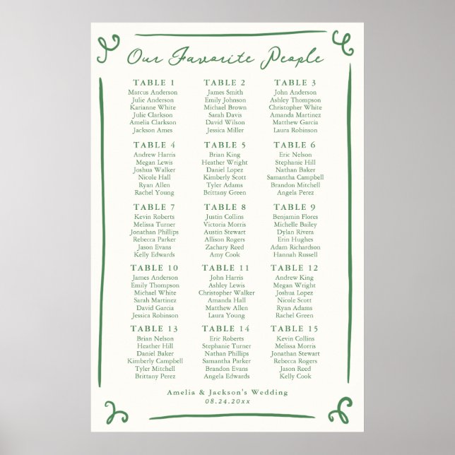 Whimsical Hand Drawn Green Seating Chart 15 Tables (Front)