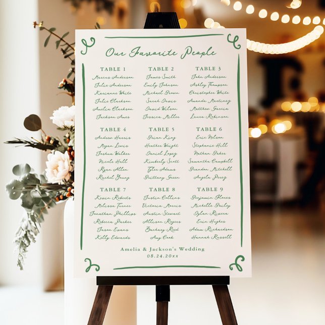 Whimsical Hand Drawn Green Seating Chart 9 Tables Foam Board (Creator Uploaded)