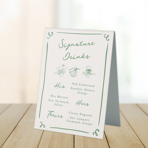 Whimsical Hand Drawn Green Signature Drinks Table Tent Sign