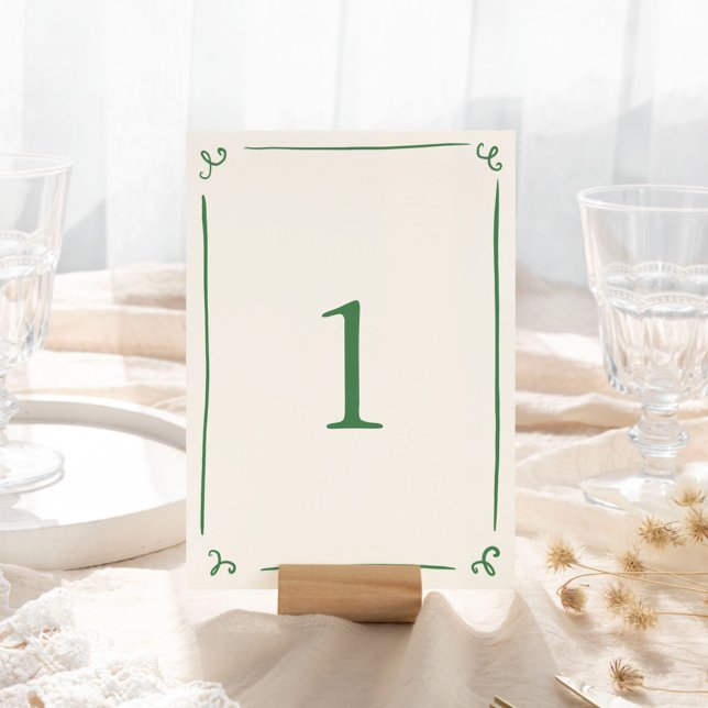 Whimsical Hand Drawn Green Table Number (Creator Uploaded)