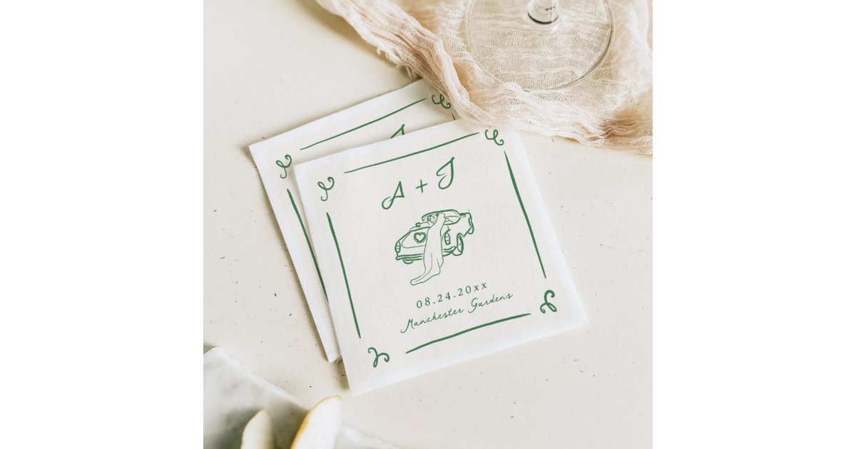 Whimsical Hand Drawn Green Vintage Car Wedding Napkins
