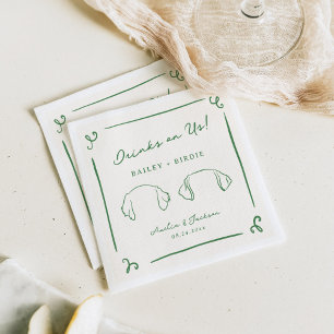 Whimsical Hand Drawn Green Wedding Dog Ears Napkins