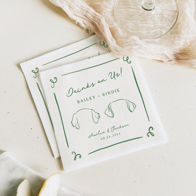 Whimsical Hand Drawn Green Wedding Dog Ears Napkins (Creator Uploaded)