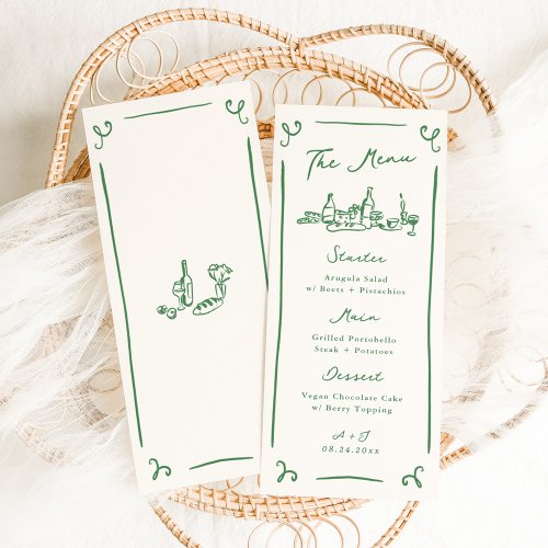 Whimsical Hand Drawn Green Wedding Menu