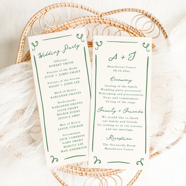 Whimsical Hand Drawn Green Wedding Program + Party (Creator Uploaded)