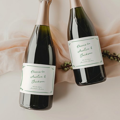 Whimsical Hand Drawn Green Wedding Sparkling Wine Label