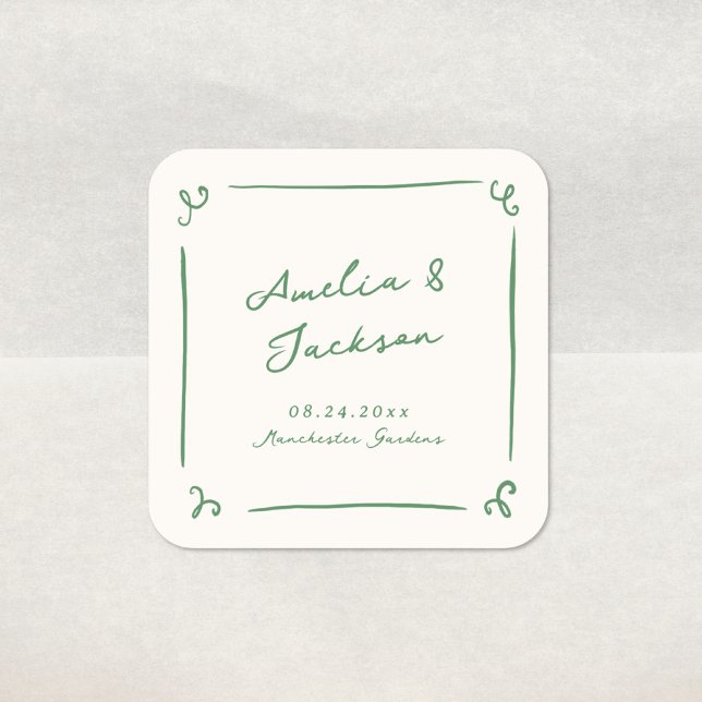 Whimsical Hand Drawn Green Wedding Square Sticker (Creator Uploaded)