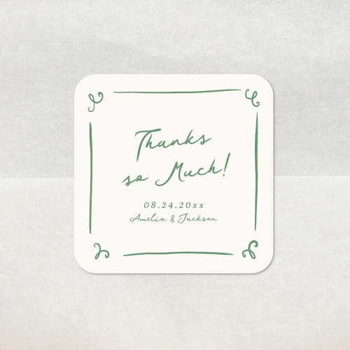 Whimsical Hand Drawn Green Wedding Thank You Square Sticker