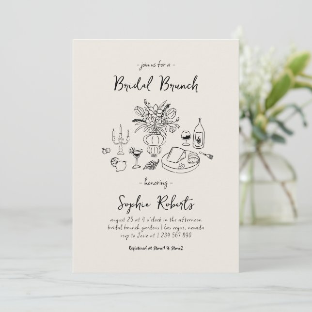 Whimsical Hand Drawn Handwriting Bridal Brunch Invitation (Standing Front)