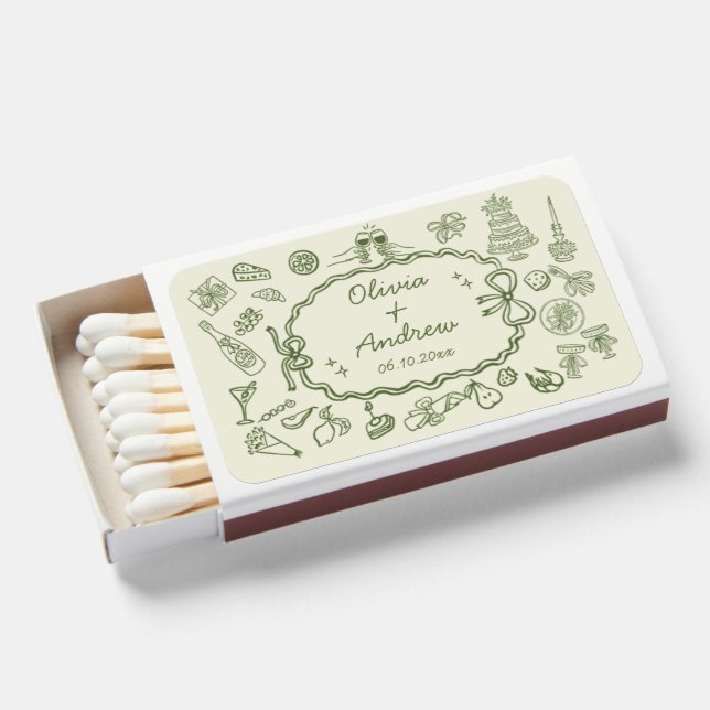 Whimsical Hand Drawn Handwriting Funky Wedding Matchboxes (Front Open)