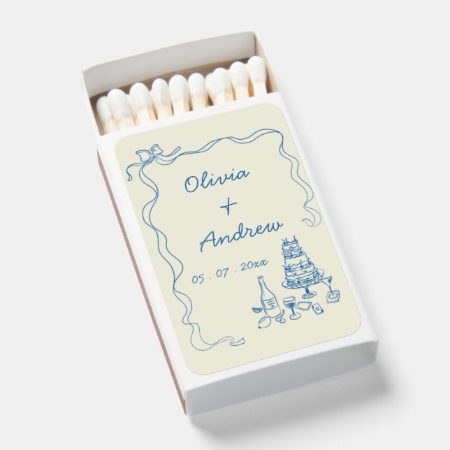 Whimsical Hand Drawn Handwriting Retro Wedding Matchboxes (Front Open)