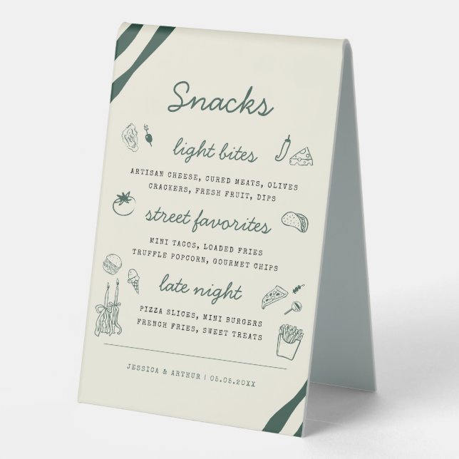 Whimsical Hand Drawn Handwritten Bar & Snack Menu Table Tent (Back)