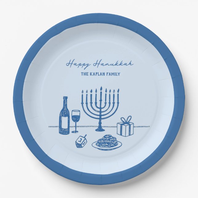 Whimsical Hand Drawn Hanukkah Party Trendy Custom Paper Plates (Front)