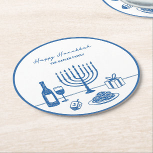 Whimsical Hand Drawn Hanukkah Party Trendy Custom Round Paper Coaster