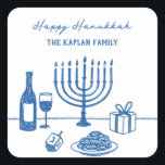 Whimsical Hand Drawn Hanukkah Party Trendy Custom Square Sticker<br><div class="desc">Bring a touch of whimsy to your Hanukkah celebration with these chic, hand-drawn favor stickers in a trendy blue and cream palette. The playful line art features a menorah, dreidel, latkes, and wine for a modern nod to tradition. Effortlessly stylish yet full of character, this whimsical Hanukkah design sets a...</div>