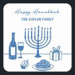 Whimsical Hand Drawn Hanukkah Party Trendy Custom Square Sticker<br><div class="desc">Bring a touch of whimsy to your Hanukkah celebration with these chic, hand-drawn favor stickers in a trendy blue and cream palette. The playful line art features a menorah, dreidel, latkes, and wine for a modern nod to tradition. Effortlessly stylish yet full of character, this whimsical Hanukkah design sets a...</div>