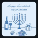 Whimsical Hand Drawn Hanukkah Party Trendy Custom Square Sticker<br><div class="desc">Bring a touch of whimsy to your Hanukkah celebration with these chic, hand-drawn favor stickers in a trendy blue color palette. The playful line art features a menorah, dreidel, latkes, and wine for a modern nod to tradition. Effortlessly stylish yet full of character, this whimsical Hanukkah design sets a cozy,...</div>