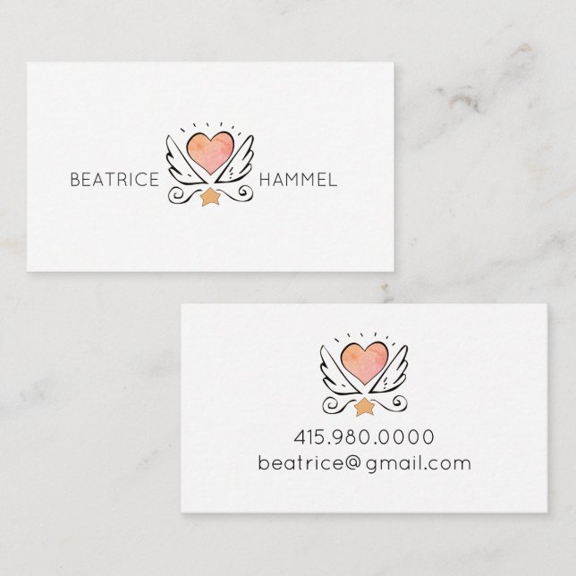 Whimsical Hand Drawn Heart & Wings Business Card (Front/Back)