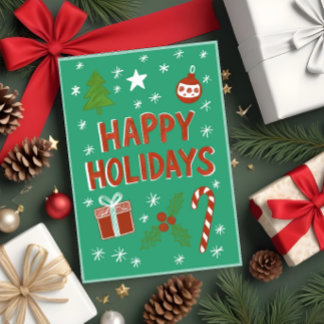 Whimsical Hand-Drawn Holiday Card on Green