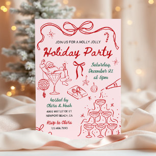 Whimsical Hand Drawn Holly Jolly Holiday Party Invitation