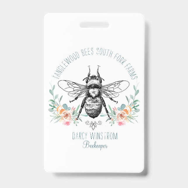 Whimsical Hand Drawn Honey Bee Apiary Floral Badge (Front)