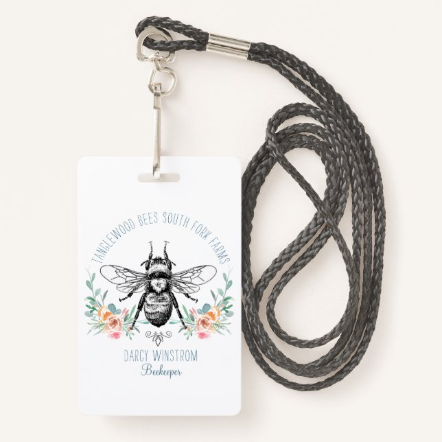 Whimsical Hand Drawn Honey Bee Apiary Floral Badge (Front with Lanyard)