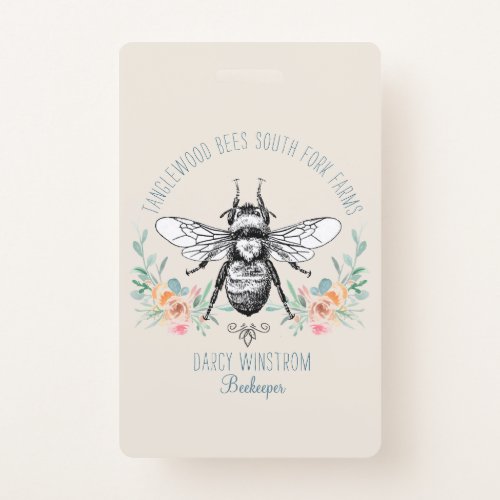 Whimsical Hand Drawn Honey Bee Apiary Floral Badge
