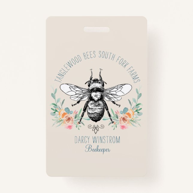 Whimsical Hand Drawn Honey Bee Apiary Floral Badge (Front)