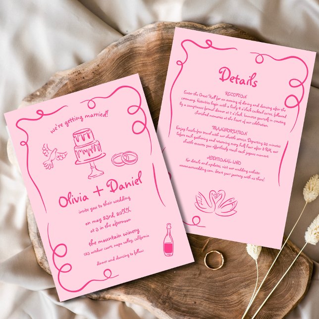 Whimsical Hand Drawn Hot Pink Details Wedding Invitation (Creator Uploaded)