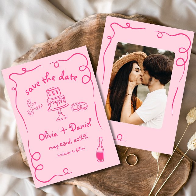 Whimsical Hand Drawn Hot Pink Wedding Photo Save The Date (Creator Uploaded)