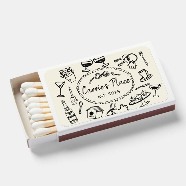 Whimsical Hand Drawn Housewarming Party Matchboxes (Front Open)