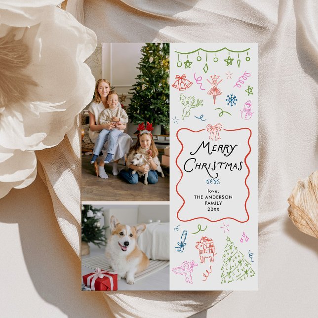 Whimsical Hand Drawn Icons Merry Christmas 2 Photo Holiday Card (Creator Uploaded)