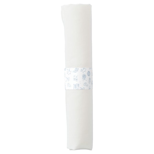 Whimsical Hand Drawn Illustrate Blue Wedding  Napkin Bands (Front)