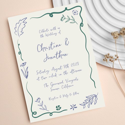 Whimsical Hand Drawn Illustrated Floral Wedding Invitation