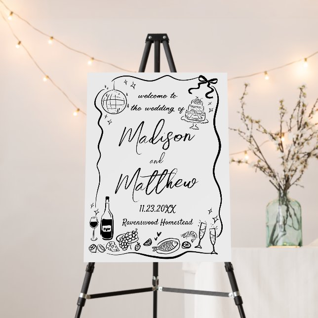 Whimsical Hand Drawn Illustrations Doodle Wedding Foam Board (In Situ (Stand))
