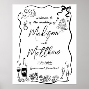 Whimsical Hand Drawn Illustrations Doodle Wedding Poster
