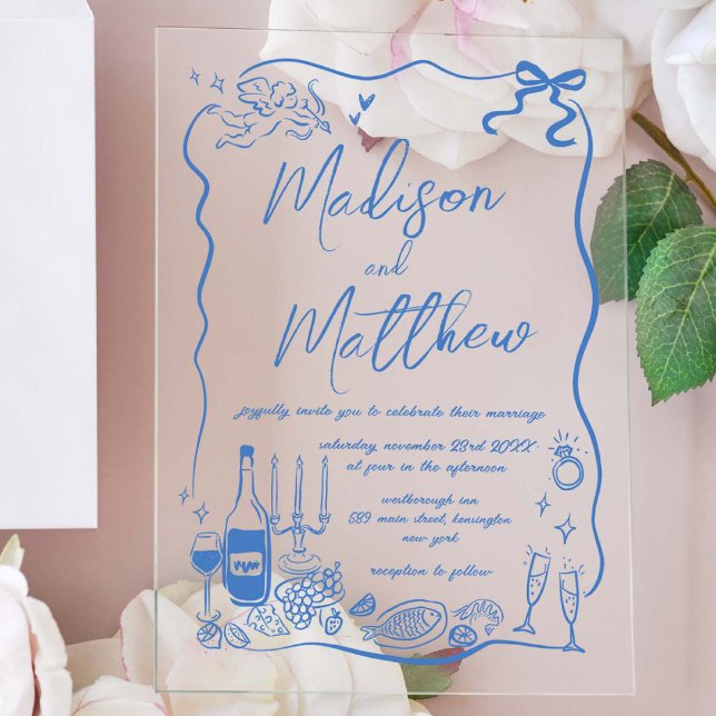 Whimsical Hand Drawn Illustrations Doodles Wedding Acrylic Invitations (Creator Uploaded)