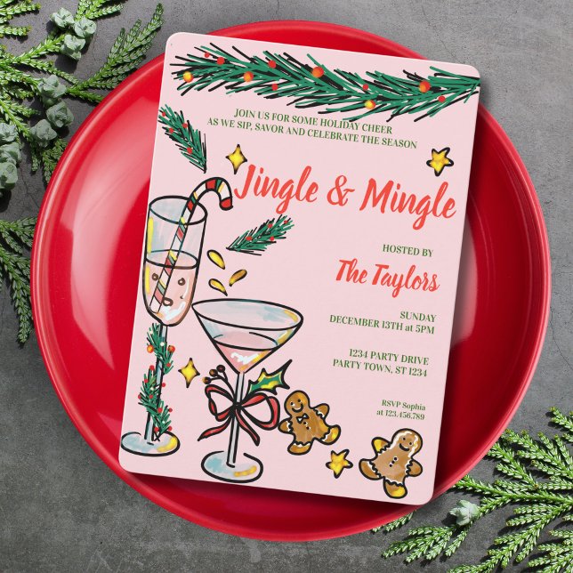 Whimsical Hand Drawn Jingle and Mingle Christmas Invitation (pink red hand drawn cocktail christmas party)