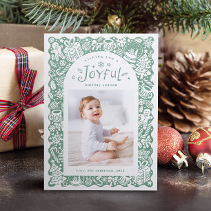 Whimsical Hand Drawn Joyful Holiday Greetings Letterpress Photo Cards