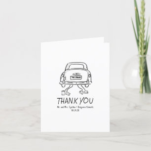 Whimsical Hand Drawn Just Married Car Wedding Letterpress Thank You Card