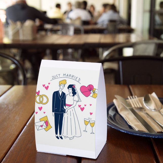 Whimsical Hand-Drawn "Just Married" Couple Table Paper Table Tent (Insitu(Restaurant))