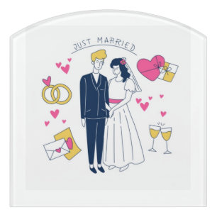Whimsical Hand-Drawn "Just Married" Couple Wedding Door Sign