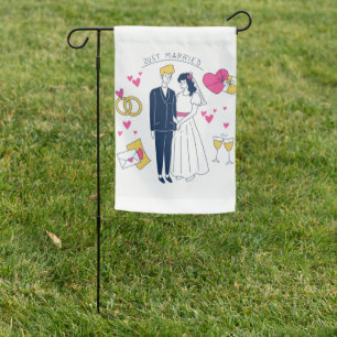 Whimsical Hand-Drawn "Just Married" Couple Wedding Garden Flag