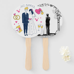 Whimsical Hand-Drawn "Just Married" Wedding Couple Hand Fan