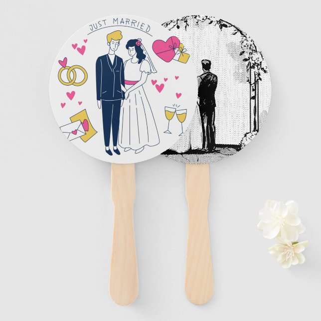 Whimsical Hand-Drawn "Just Married" Wedding Couple Hand Fan (Front and Back)