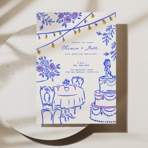 Whimsical Hand Drawn Lanterns Wedding Blue Invitation