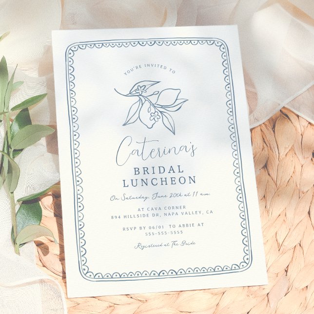 Whimsical Hand Drawn Lemon | Blue Bridal Shower Invitation (Creator Uploaded)