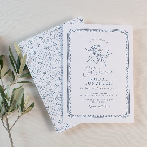 Whimsical Hand Drawn Lemon  Blue Bridal Shower Invitation