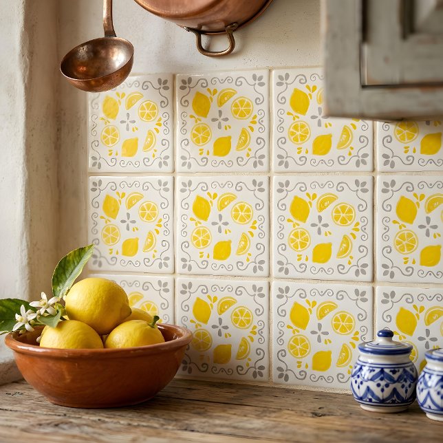 Whimsical Hand Drawn Lemons Yellow Grey Pattern Ceramic Tile (Creator Uploaded)